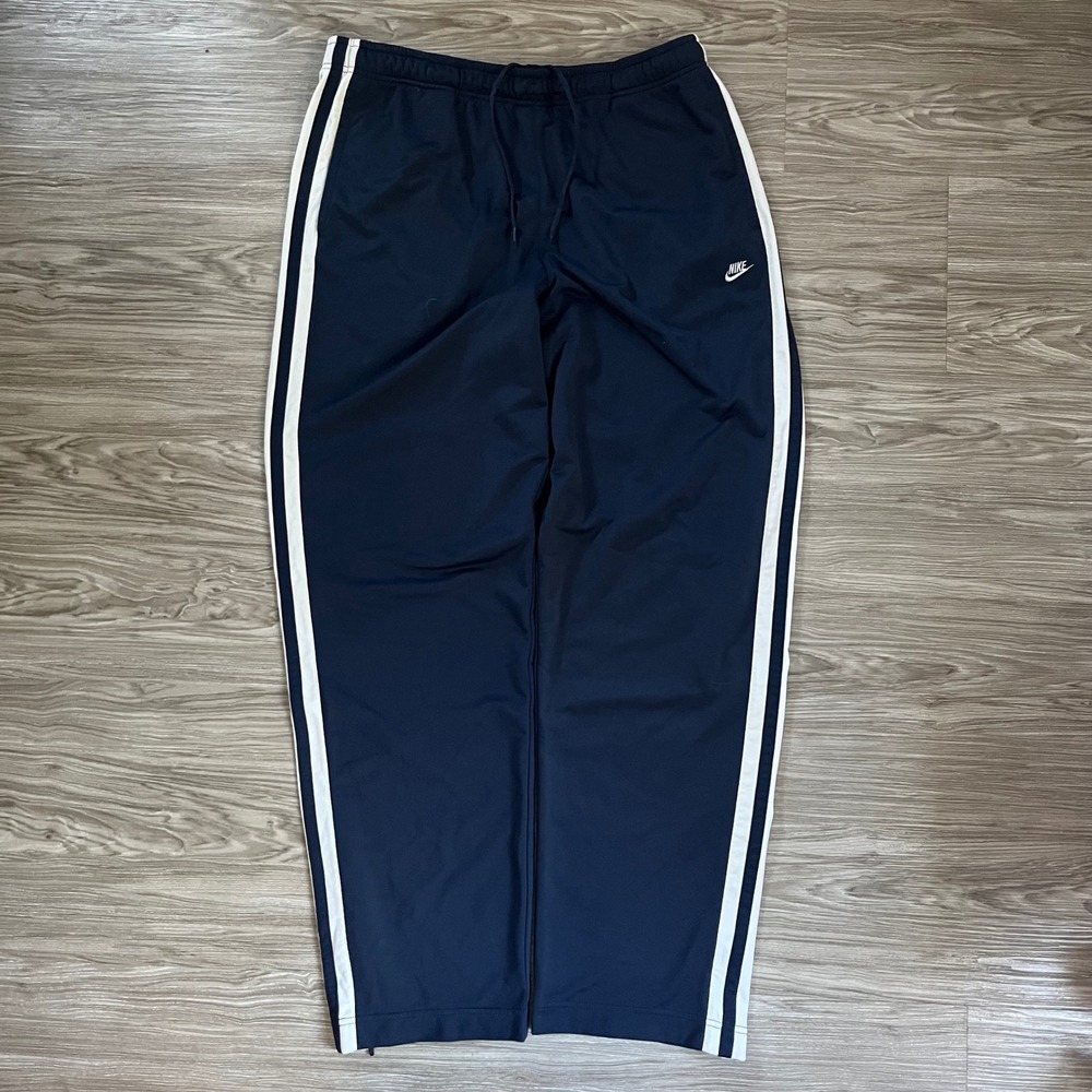 Vintage Y2K Nike Mens Track Pants Navy Blue Baggy White Stripe Ankle Zip XXL